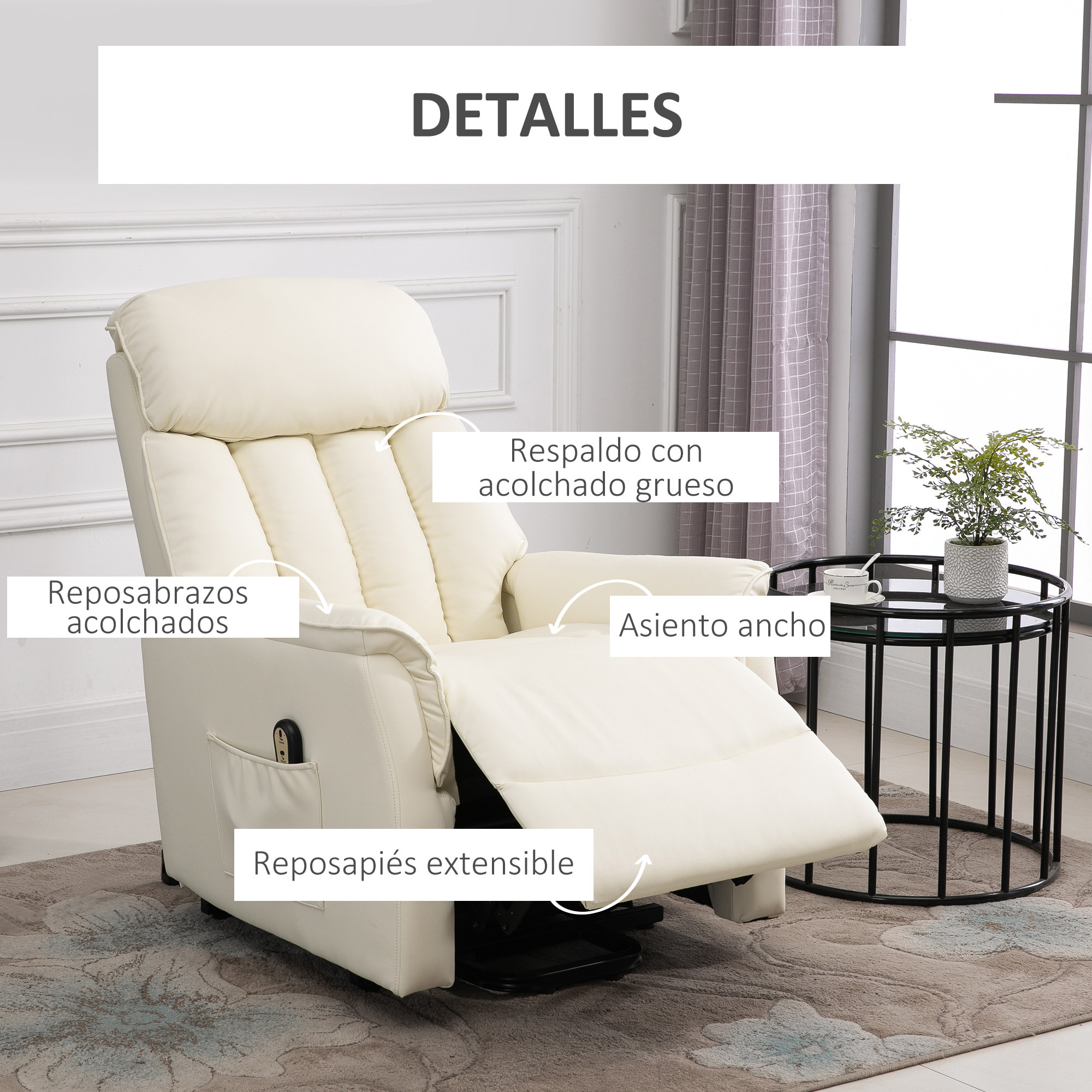 Sillón Levanta Personas Sillón de Relax Elevador con Reposapiés Mando a Distancia Reclinación Eléctrica Bolsillo Lateral Carga 150 kg 80x94x104 cm Crema