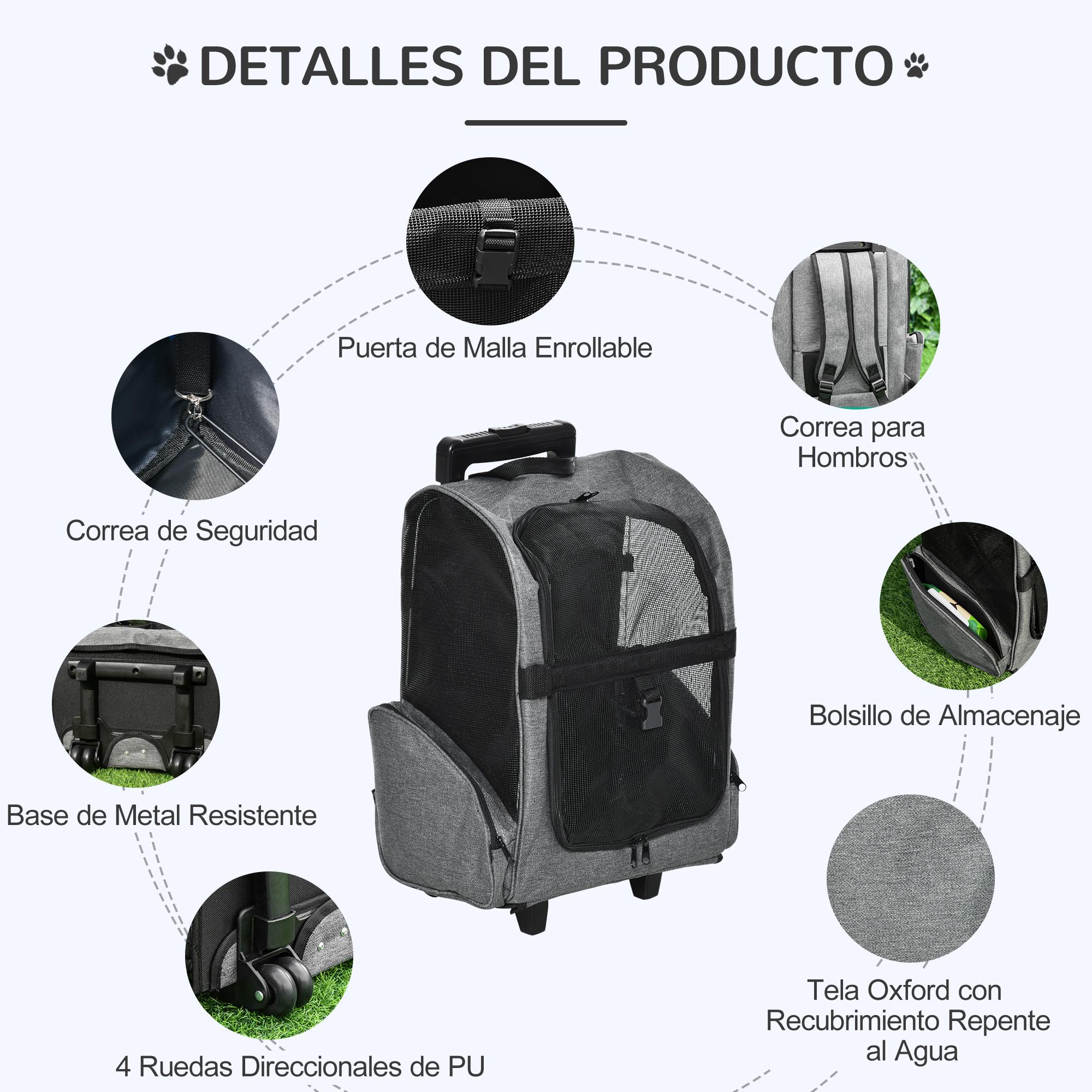 Transportín Carrito para Mascotas 2 en 1 Mochila de Viaje con 2 Ruedas para Perros Gatos con Asa Retráctil de Aluminio y Bolsillos de Almacenaje 42x25x55 cm Gris