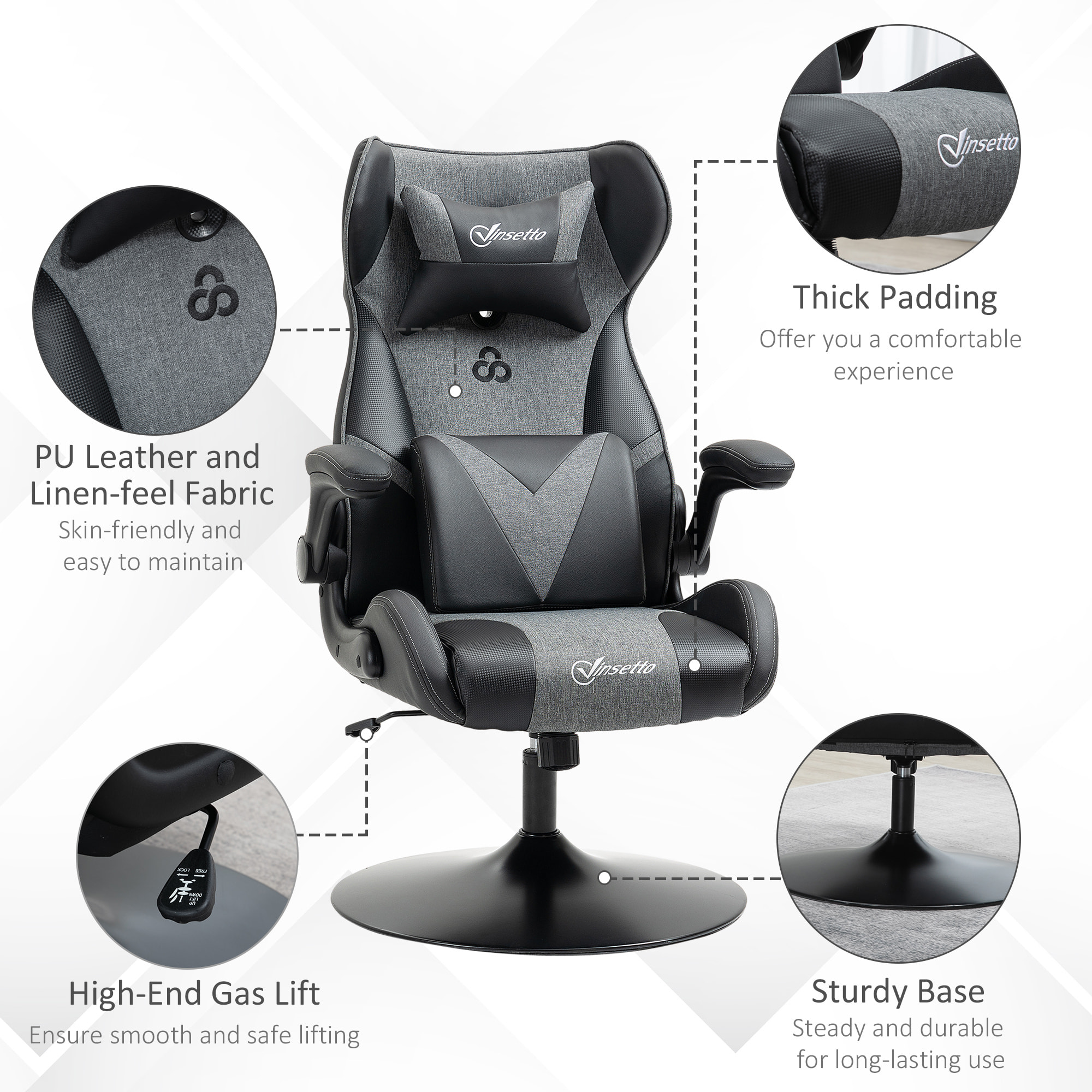 Fauteuil gaming base ronde métal pivotante 360° hauteur réglable tétière coussin lombaires accoudoirs relevables PU tissu gris noir