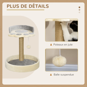 Arbre à chat griffoir design patte de chat jeu boule suspendue panier plateforme observation peluche beige gris jute naturelle