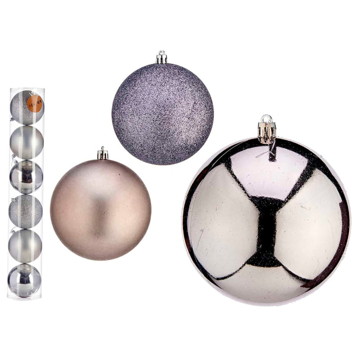 Set di 6 palline di Natale da 10 cm di colore argento, assortite in 3 design: semplice, lucido e con texture.