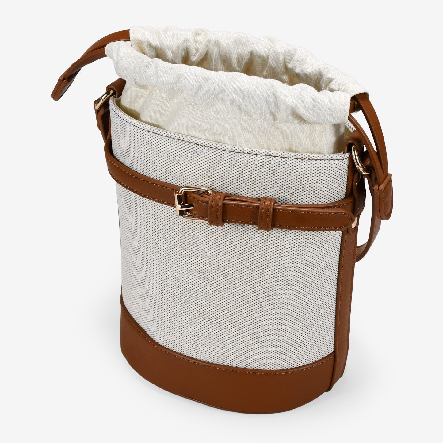Bolso cubo cuero y beige con cinturón y hebilla