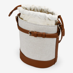 Bolso cubo cuero y beige con cinturón y hebilla
