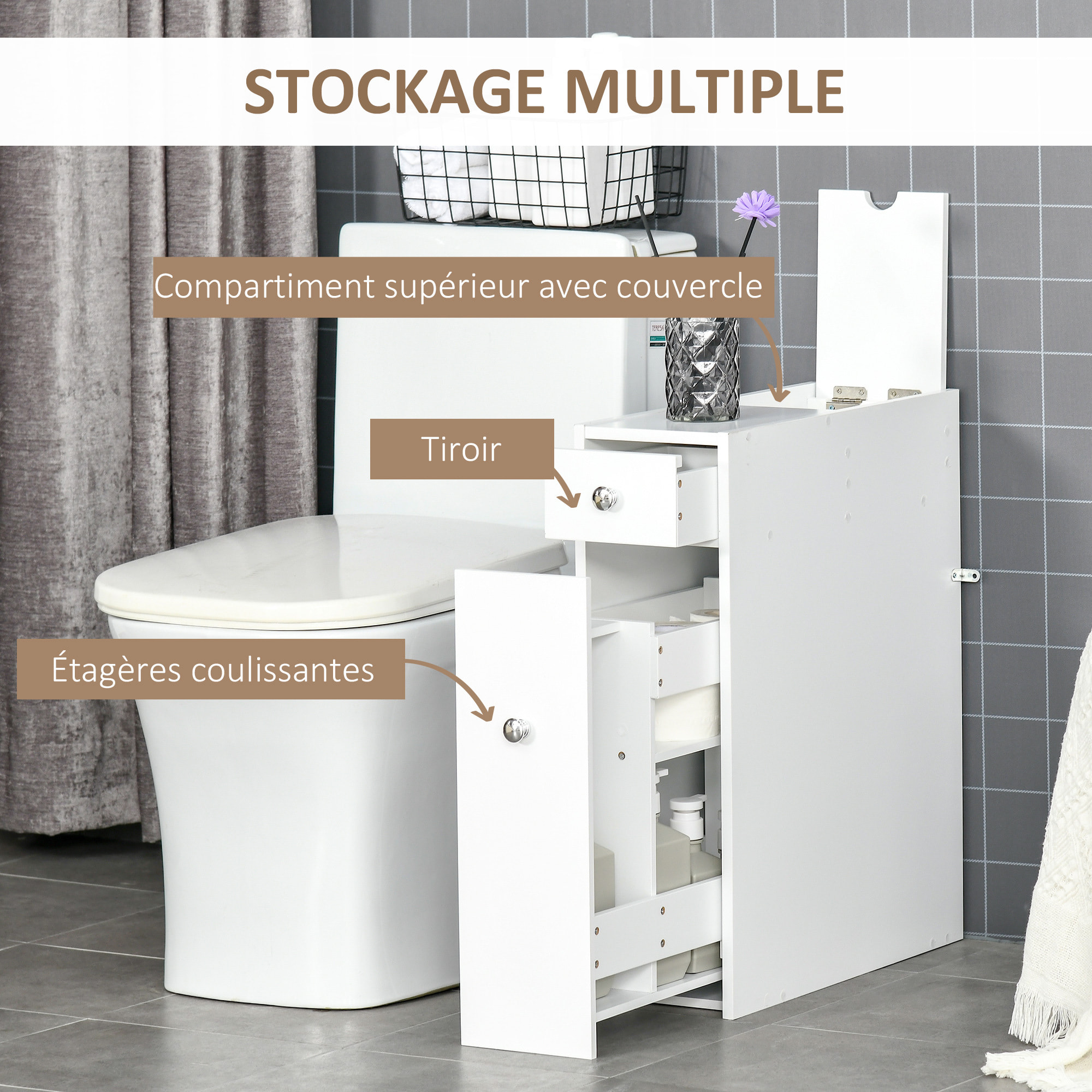 Support papier toilette - porte-papier toilette - armoire pour papier toilette - 2 tiroirs, coffre - MDF blanc