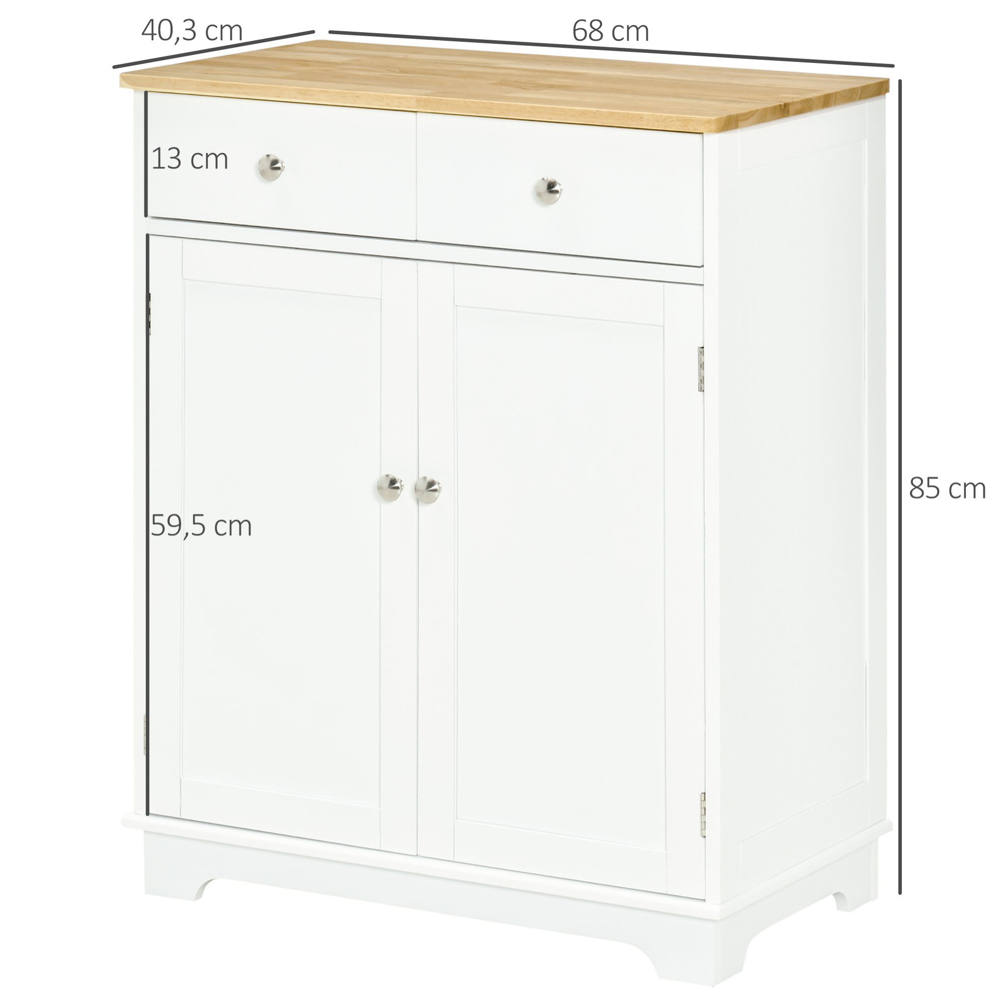 Buffet multi-rangement 2 portes avec étagère réglable 2 tiroirs coulissants MDF plateau bois d'hévéa