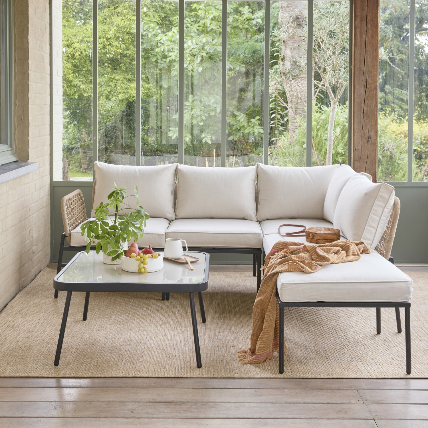 Salon de jardin d'angle en acier et cordes beige TALIA. 5 personnes