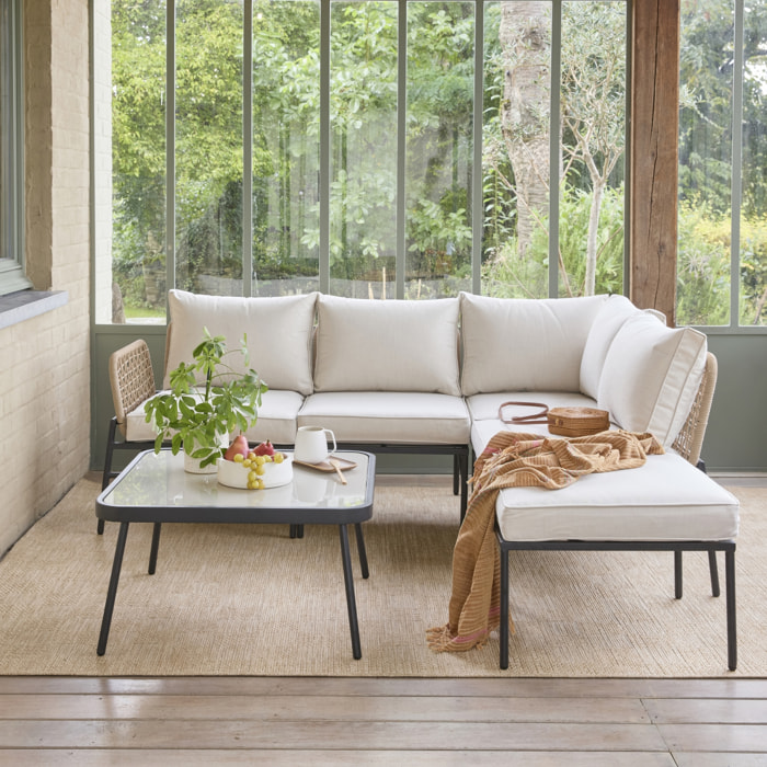 Salon de jardin d'angle en acier et cordes beige TALIA. 5 personnes