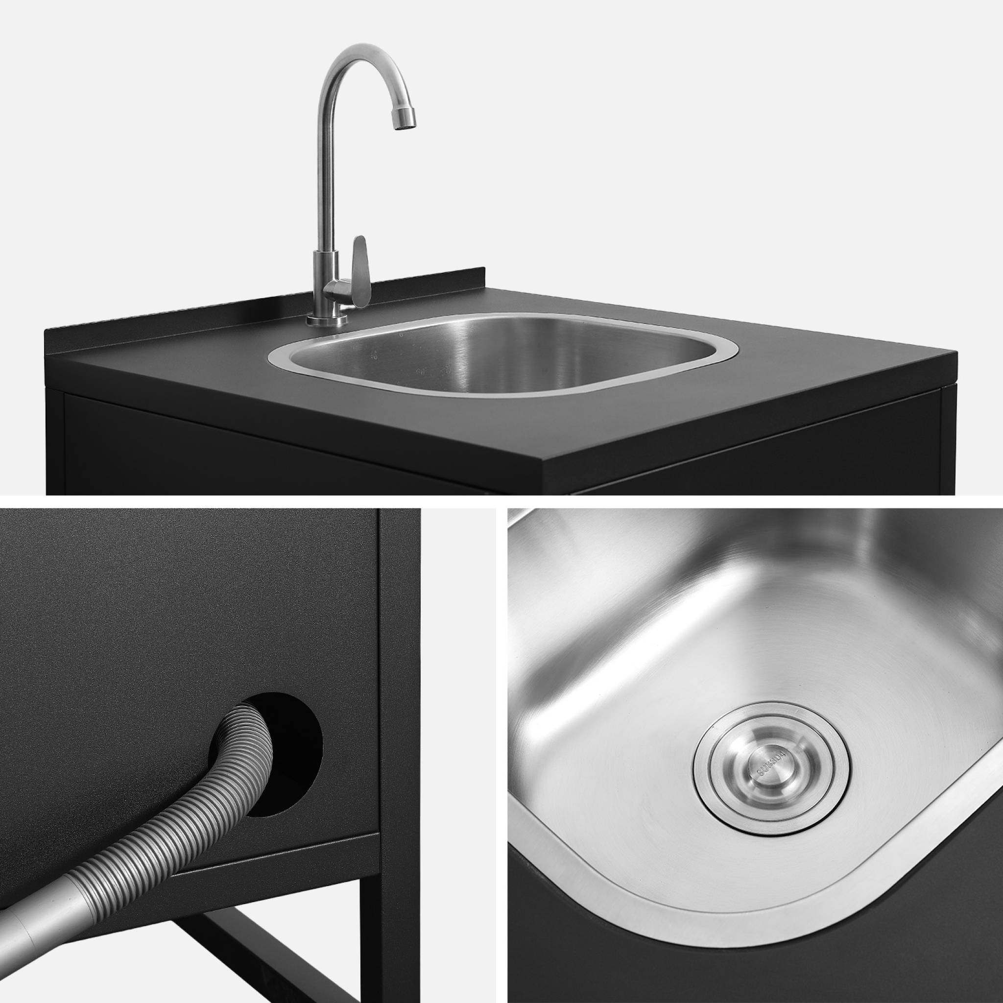 Cuisine extérieure acier évier et 1 porte L60cm noir - Kea