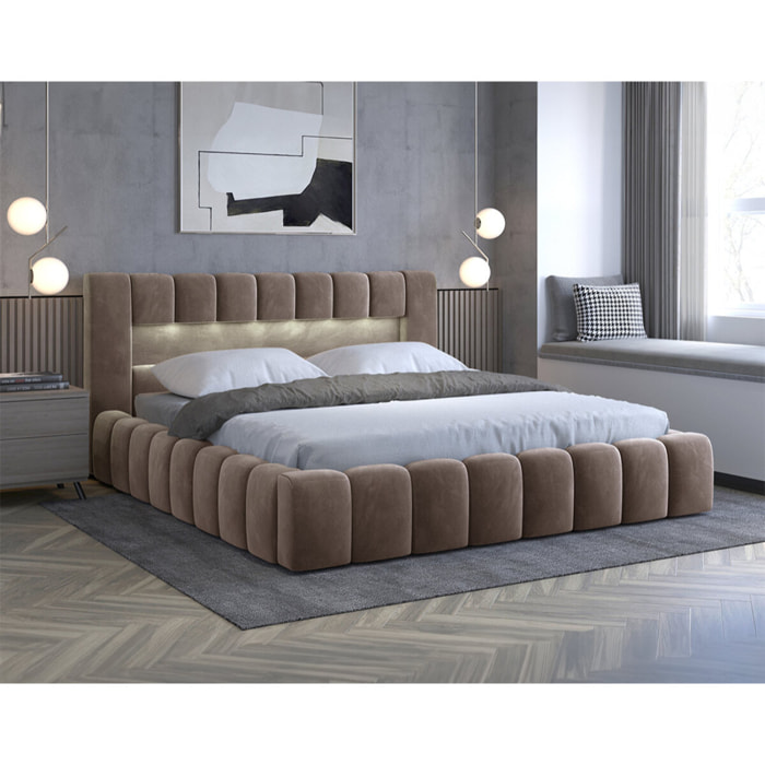 Cleo - lit coffre avec led - 140x200 cm - sommier inclus - en velours - Taupe