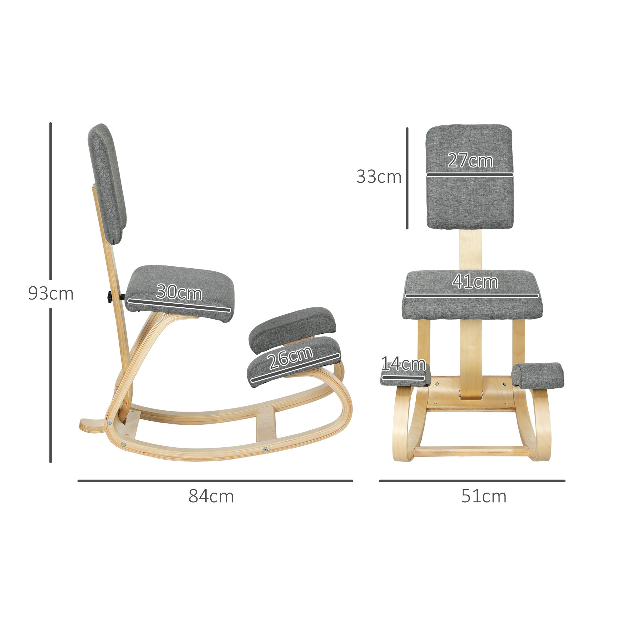 Silla Ergonómica de Rodillas con Respaldo, Silla de Rodillas, Cojines Acolchados, Marco de Madera, para una Mejor Postura, Oficina, Gris