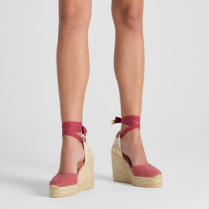 Alpargata de cuña 8 cm en lona de algodón con cintas al tobillo y talonera trenzada