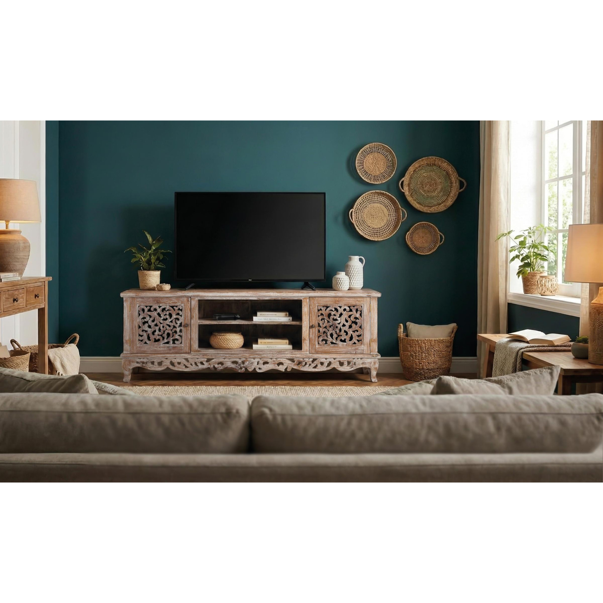 Mueble TV de Madera de Teca 190 Cm Estilo Vintage Provenzal