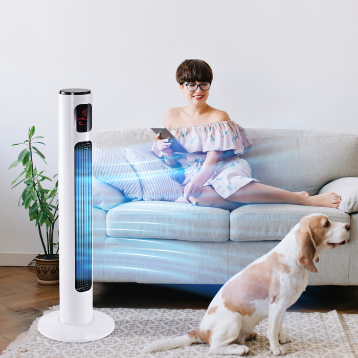 Ventilador de Torre, Ventilador de Pie Silencioso 45W con Control Remoto, 3 Velocidades, 3 Modos, Temporizador 12H, Oscilación 70°, Pantalla LED, para Hogar y Oficina, Blanco