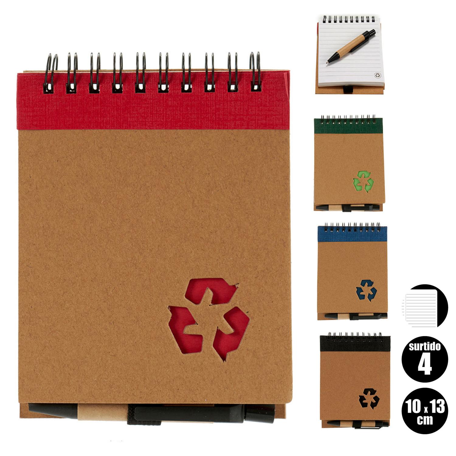 Pack 4 Quaderno in cartone riciclato + penna 10x13 cm. Assortimento 4 disegni.