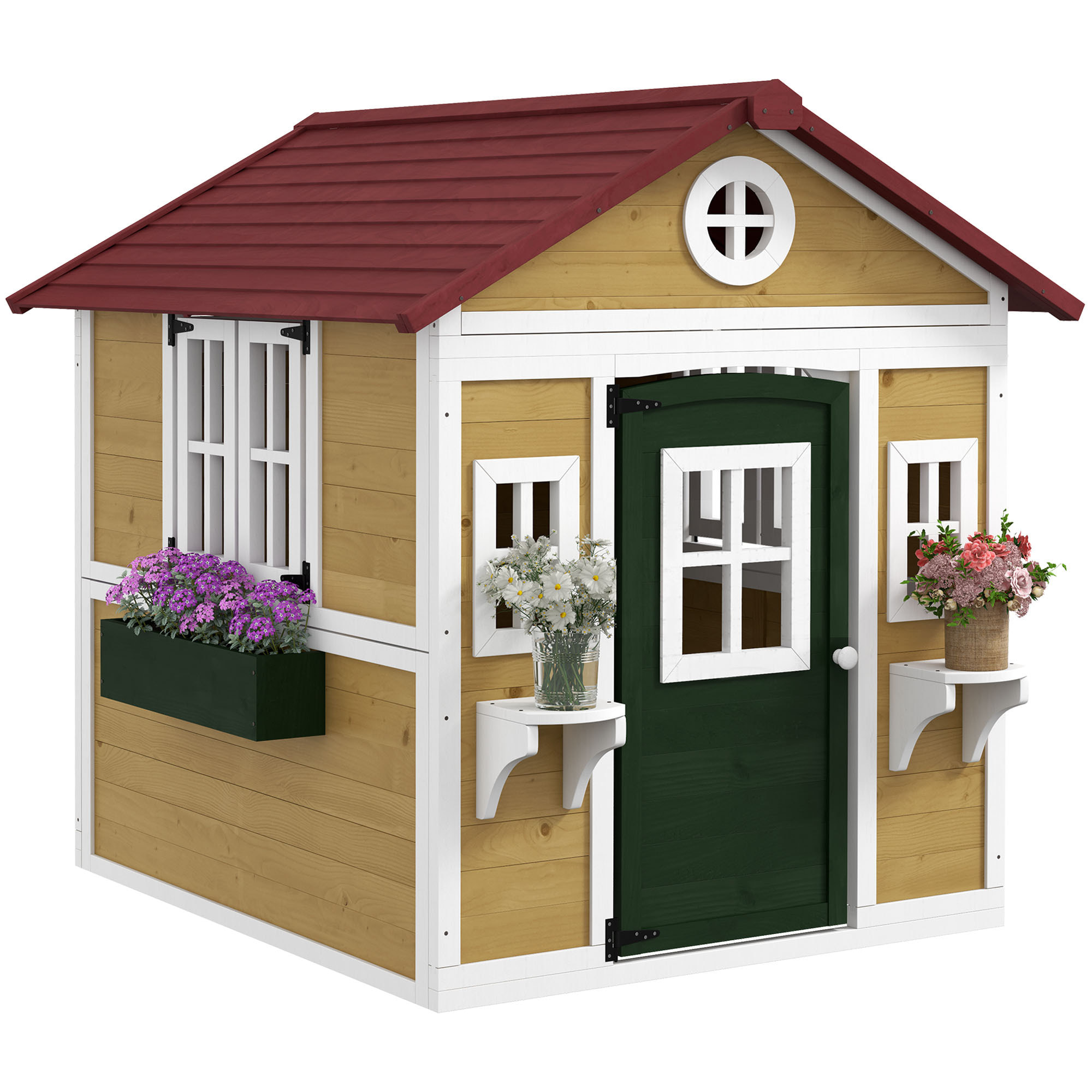 Casa de Jardín Infantil Casa de Madera para Niños con Puerta Ventanas Jardineras y Soportes de Flores 114x126,4x135 cm Madera Natural