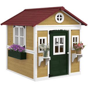 Casa de Jardín Infantil Casa de Madera para Niños con Puerta Ventanas Jardineras y Soportes de Flores 114x126,4x135 cm Madera Natural