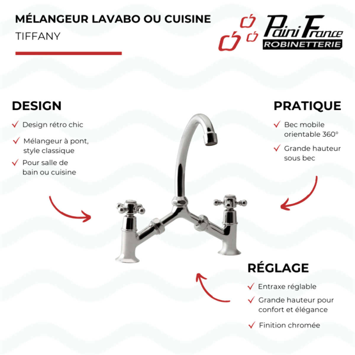 Mélangeur à pont PAINI Tiffany Chromé lavabo ou cuisine