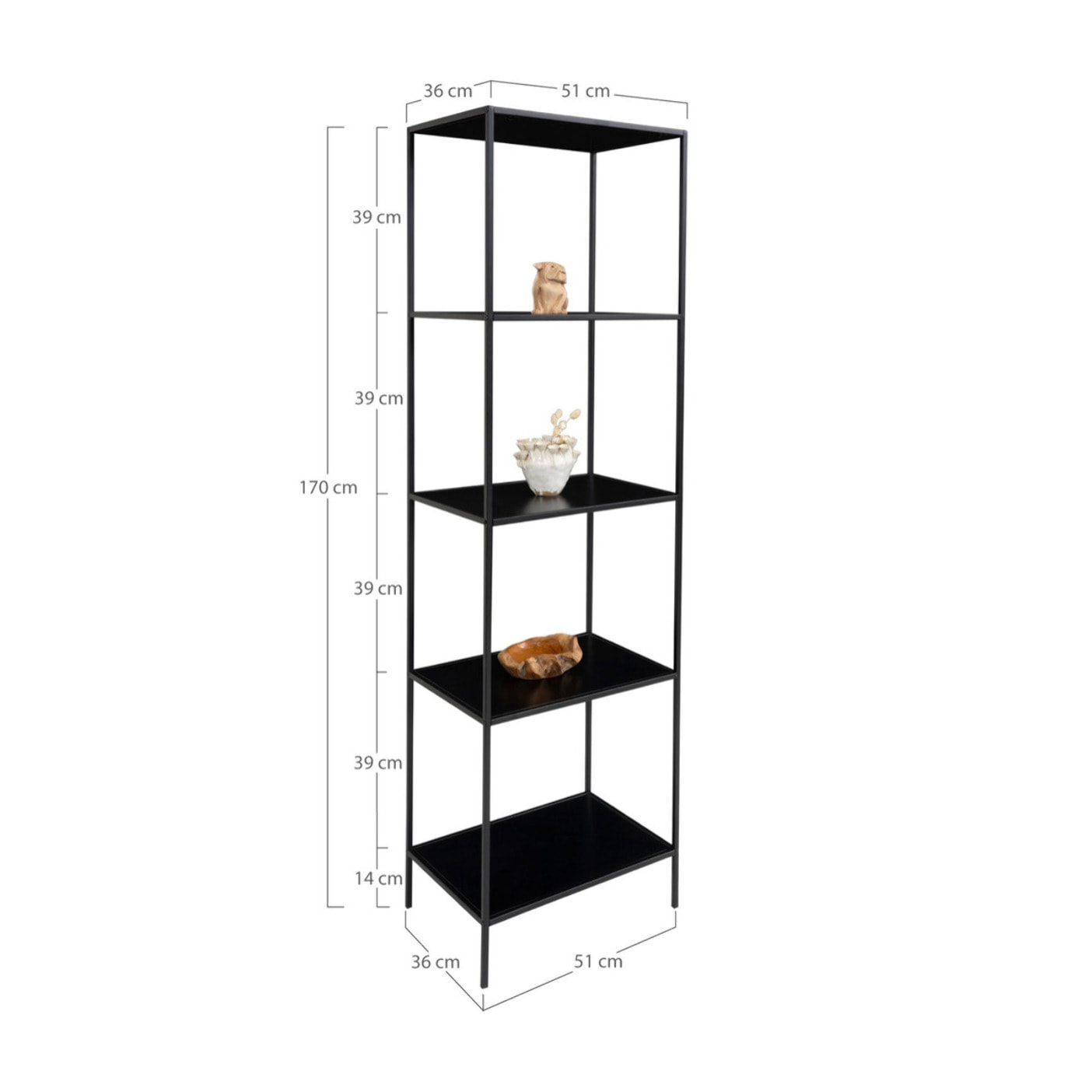 Libreria Vita a 5 ripiani in nero con struttura in acciaio, 51×36×170 cm