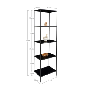 Libreria Vita a 5 ripiani in nero con struttura in acciaio, 51×36×170 cm