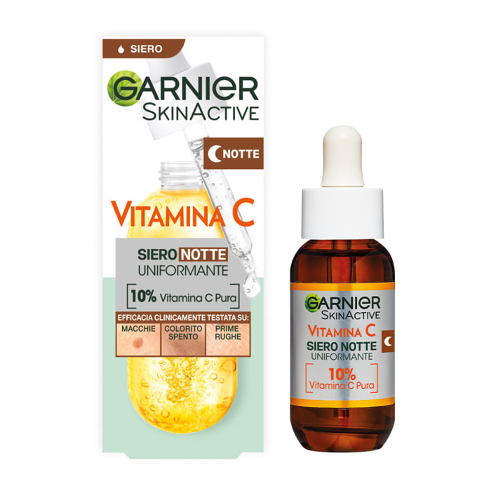 Siero Viso Notte Uniformante Anti-Macchie Illuminante Rivitalizzante Levigante SkinActive Vitamina C con Acido Ialuronico - Flacone da 30ml