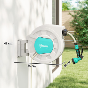 Dévidoir mural enrouleur automatique pivotant 180° tuyau 35 + 2 m avec lance arrosage 7 modes support mural intégré gris clair bleu