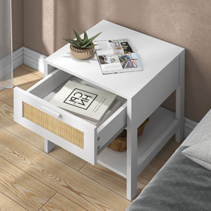 Table de chevet tiroir et étagère cannage en rotin dim. 40L x 40l x 48H cm MDF aspect bois blanc