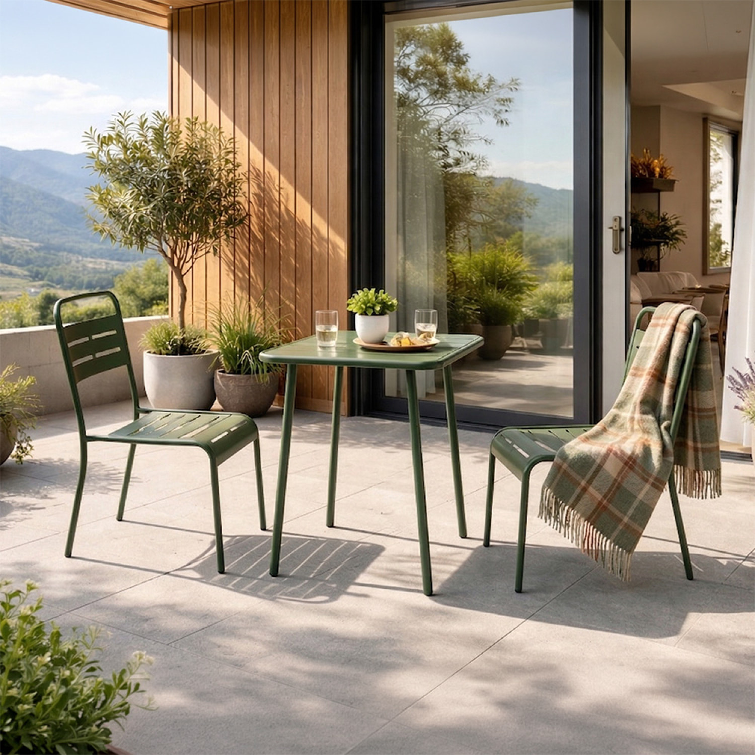 Ensemble table de jardin carrée 50cm et 2 chaises vert EVORA