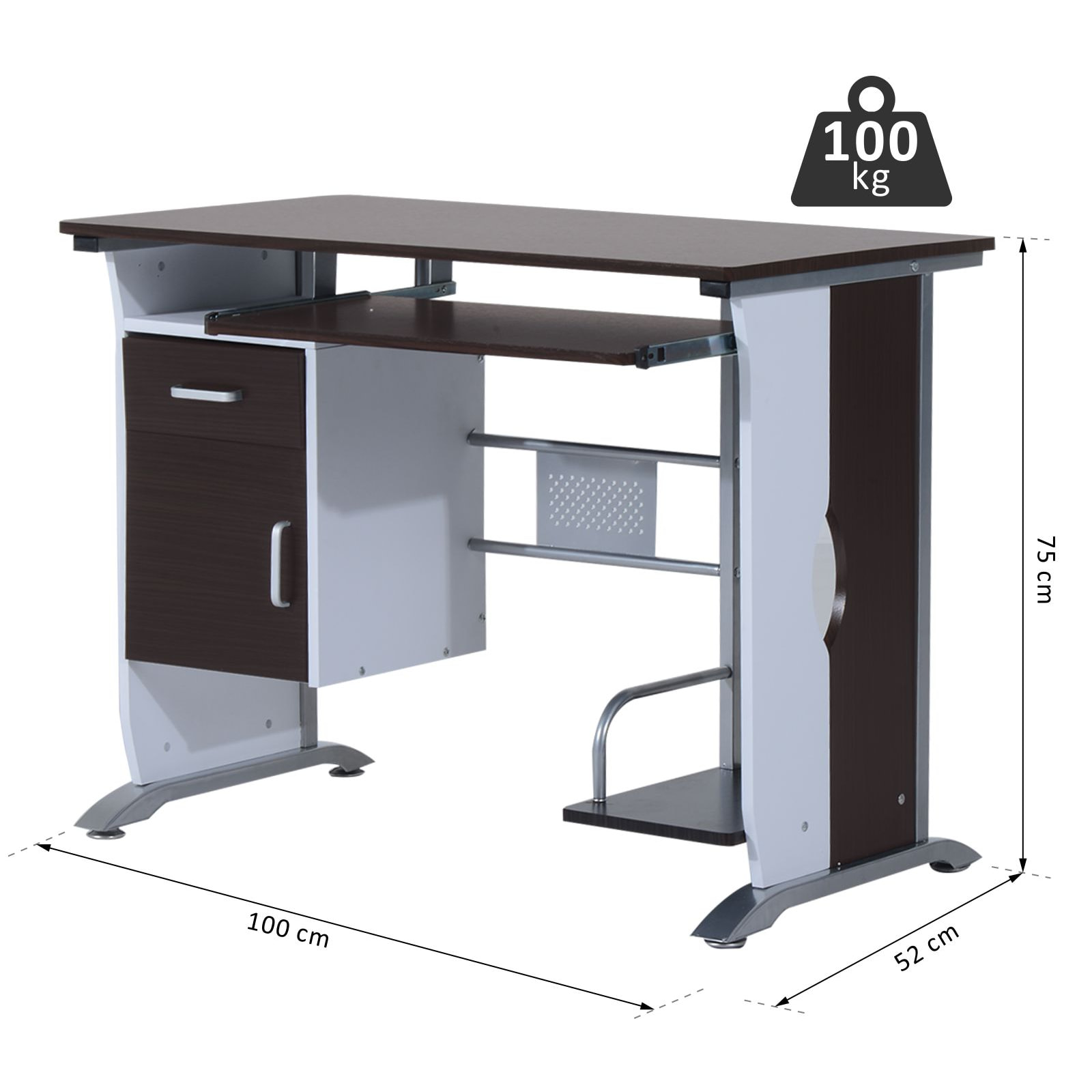 Bureau informatique design 100L x 52l x 75h cm brun noir et blanc