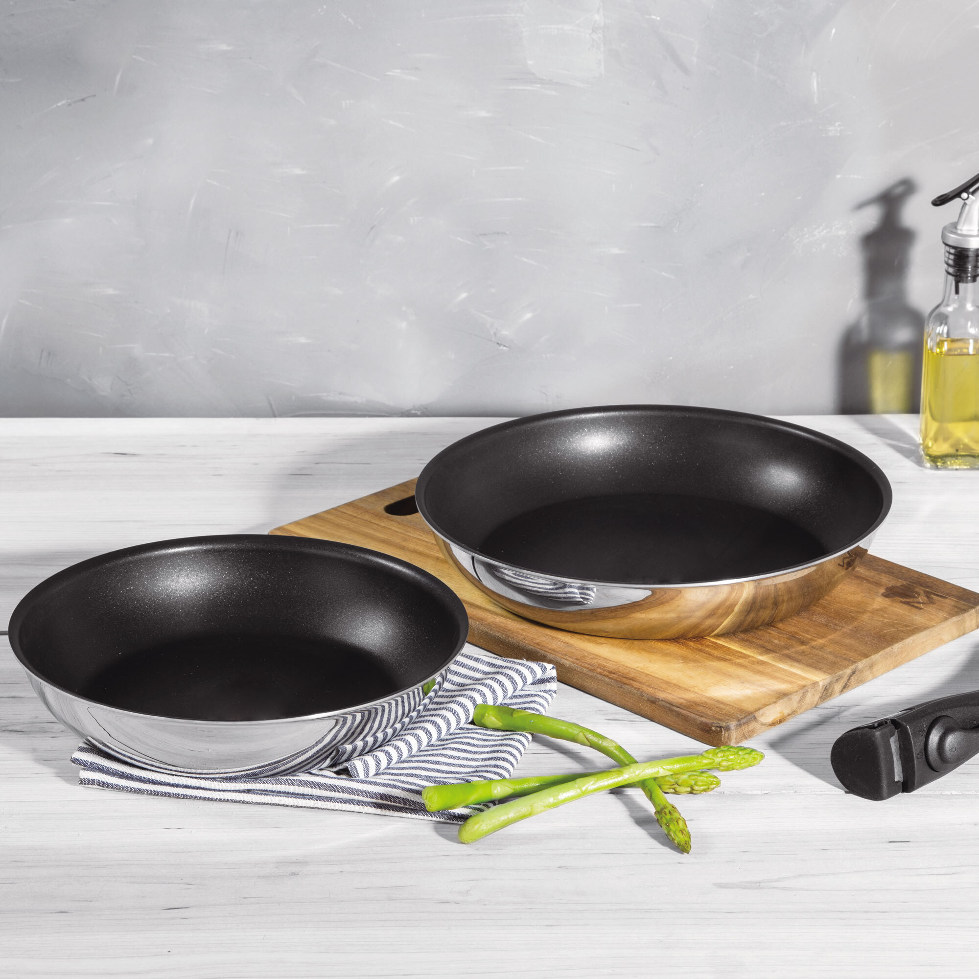 juego de 2 sartenes ø24ø26cm acero inoxidable negro + mango desmotable antiadherente ilag