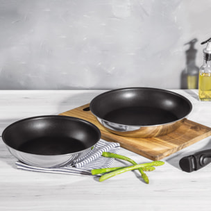 juego de 2 sartenes ø24ø26cm acero inoxidable negro + mango desmotable antiadherente ilag