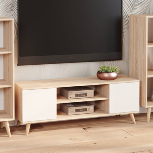 Mobile porta tv con 2 ante e 1 ripiano centrale, Credenza con piedini, Buffet da soggiorno in stile scandi, cm 155x40h50, colore Bianco e Rovere