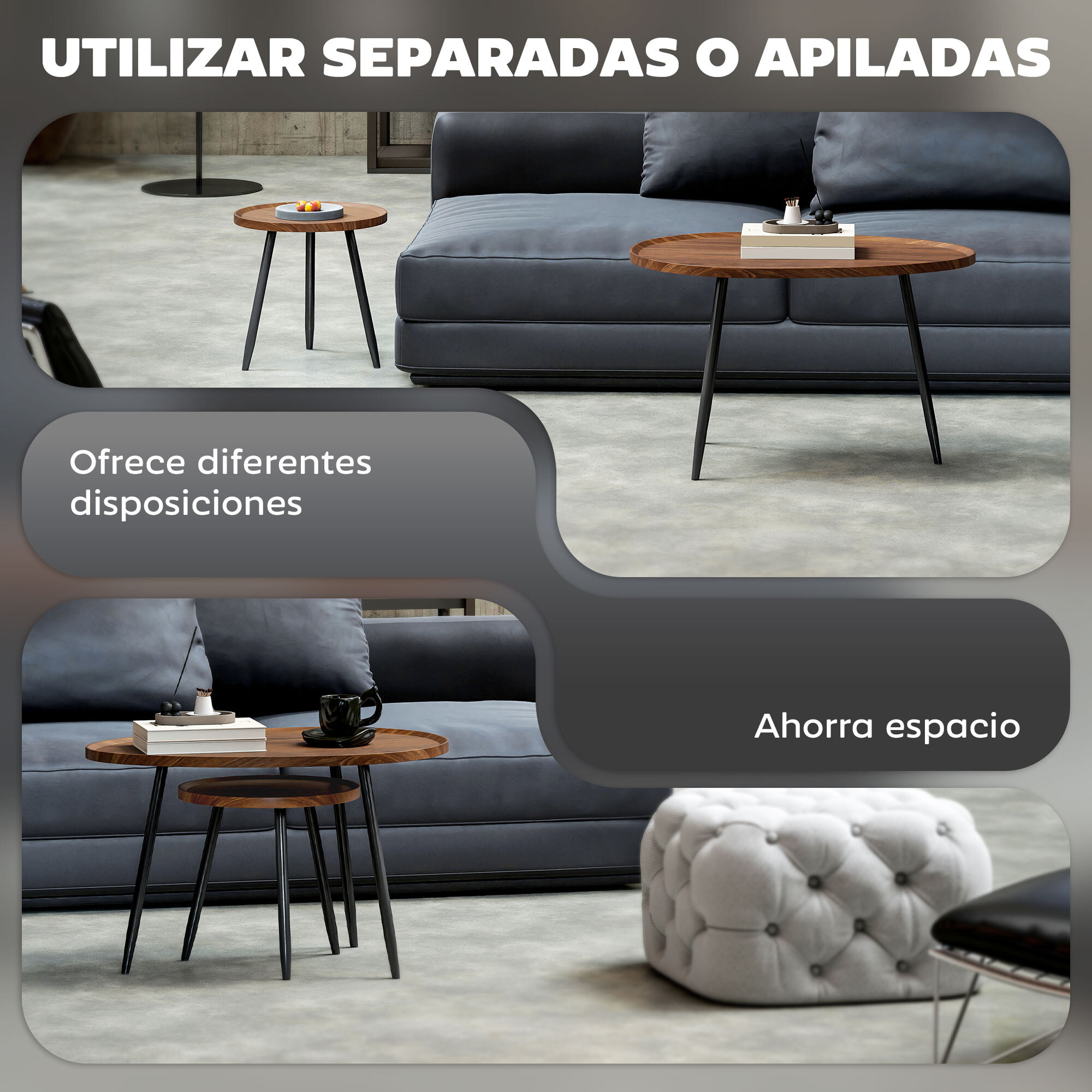 Juego de 2 Mesas Auxiliares Apilables Mesas Nido Mesitas de Café Estilo Moderno con Marco de Metal para Salón Dormitorio Oficina 80x55x49 cm y Ø40x39 cm Efecto Madera y Negro