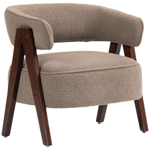 Butaca de Salón Tapizada en Borreguito, Sillón de Lectura Acolchado Grueso y Moderno, Asiento Ancho, Patas de Madera, Respaldo Curvado, para Dormitorio, Oficina, Marrón Claro