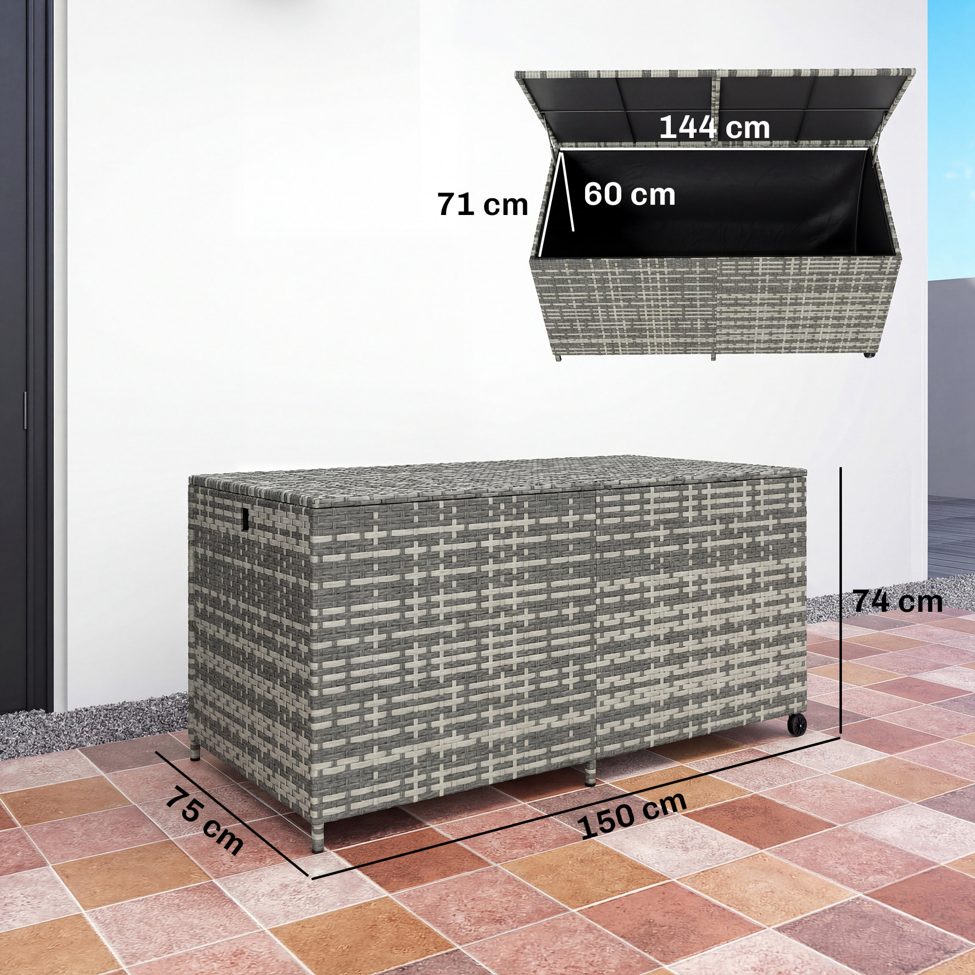 Coffre de jardin résine tressée 650L doublure zippée vérins pneumatiques gris