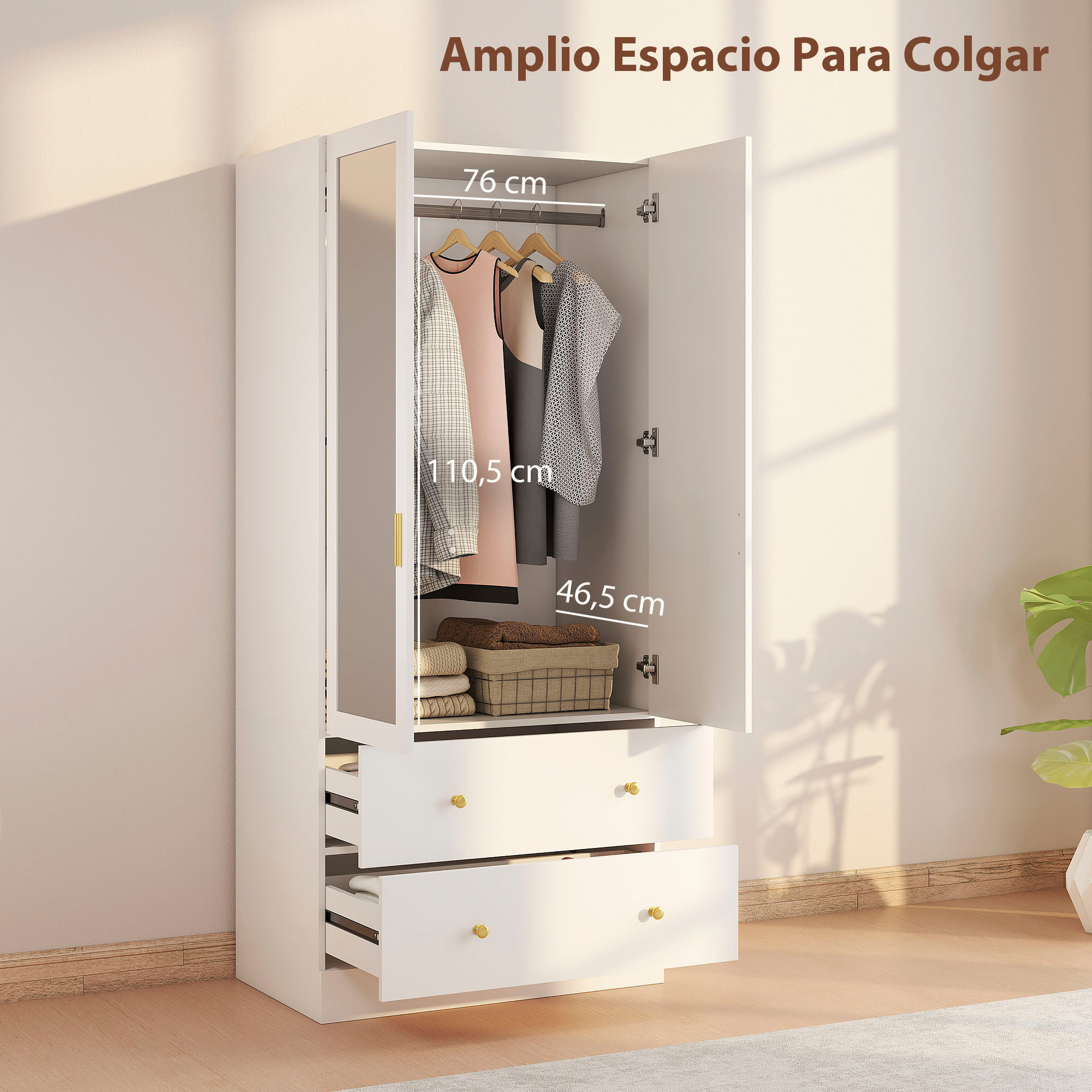 Armario Dormitorio 2 Puertas y 2 Cajones, Armario Ropero con Espejo, Barra para Colgar, Estilo Moderno, 80x50x180 cm, Blanco
