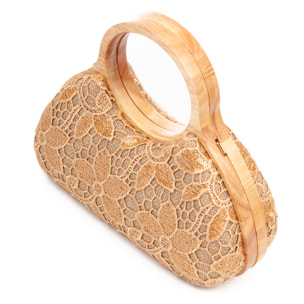 Avisio borsa a mano realizzata in legno naturale, cotone e juta con design a rete di tessuto floreale