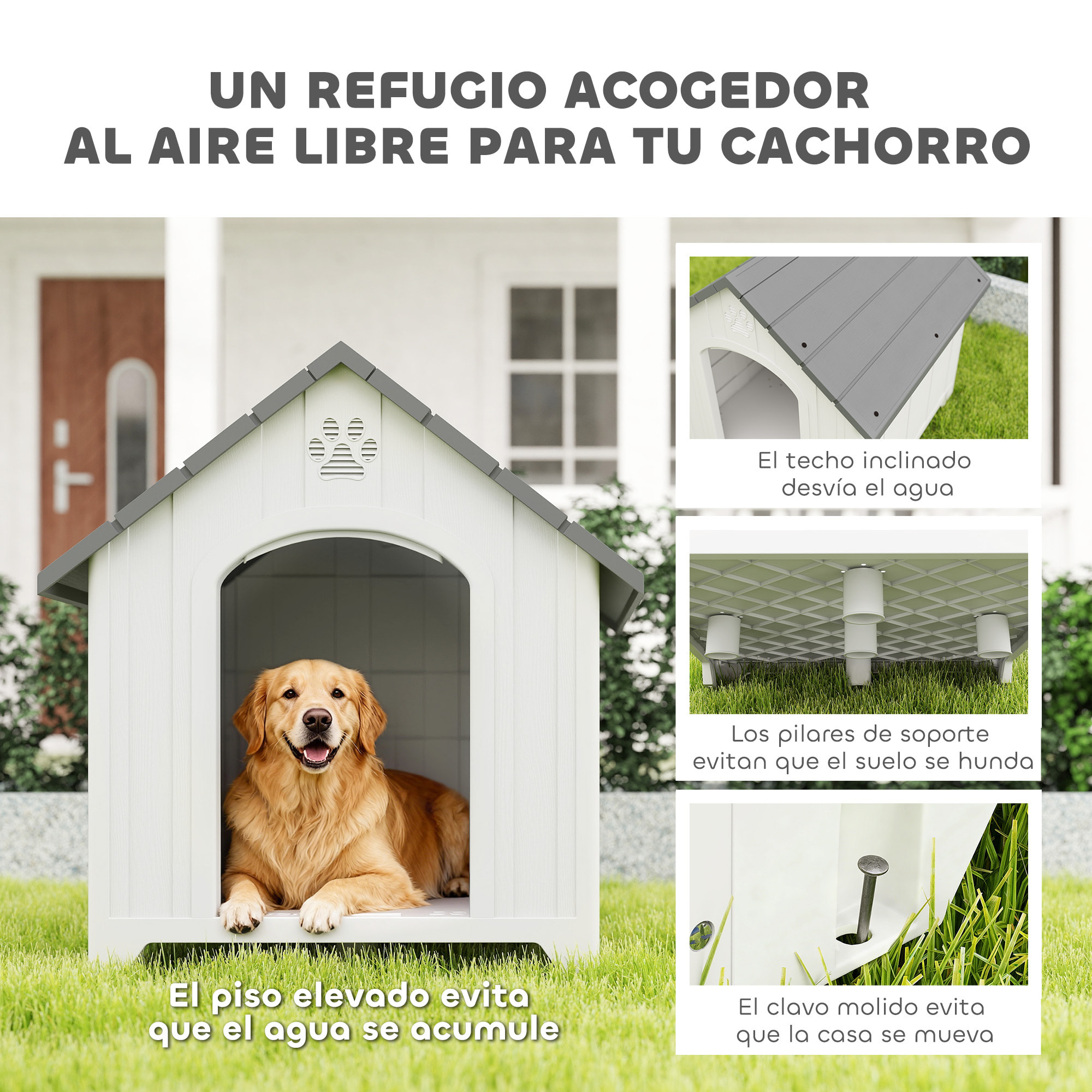 Caseta para Perros Exterior, Casa para Perros Grandes de Plástico Impermeable con 2 Ventanas, Base Elevada, Estacas, Fácil de Montar, 88x79x89 cm, Gris