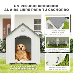 Caseta para Perros Exterior, Casa para Perros Grandes de Plástico Impermeable con 2 Ventanas, Base Elevada, Estacas, Fácil de Montar, 88x79x89 cm, Gris