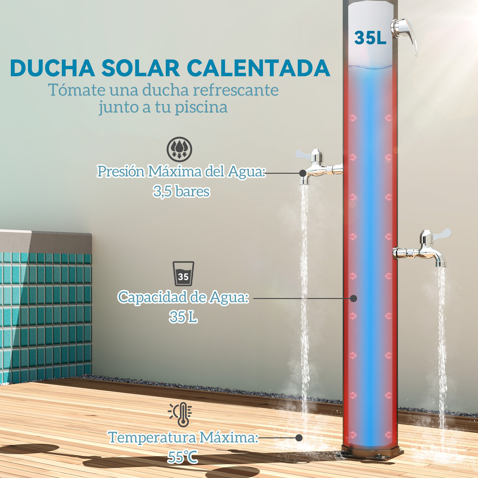 Ducha de Jardín Solar 35 L Ducha Solar Exterior con 2 Cabezales Giratorios Grifos de Pies y Agua Caliente Máximo 55 °C para Piscina Camping Patio 73x18x217 cm Negro