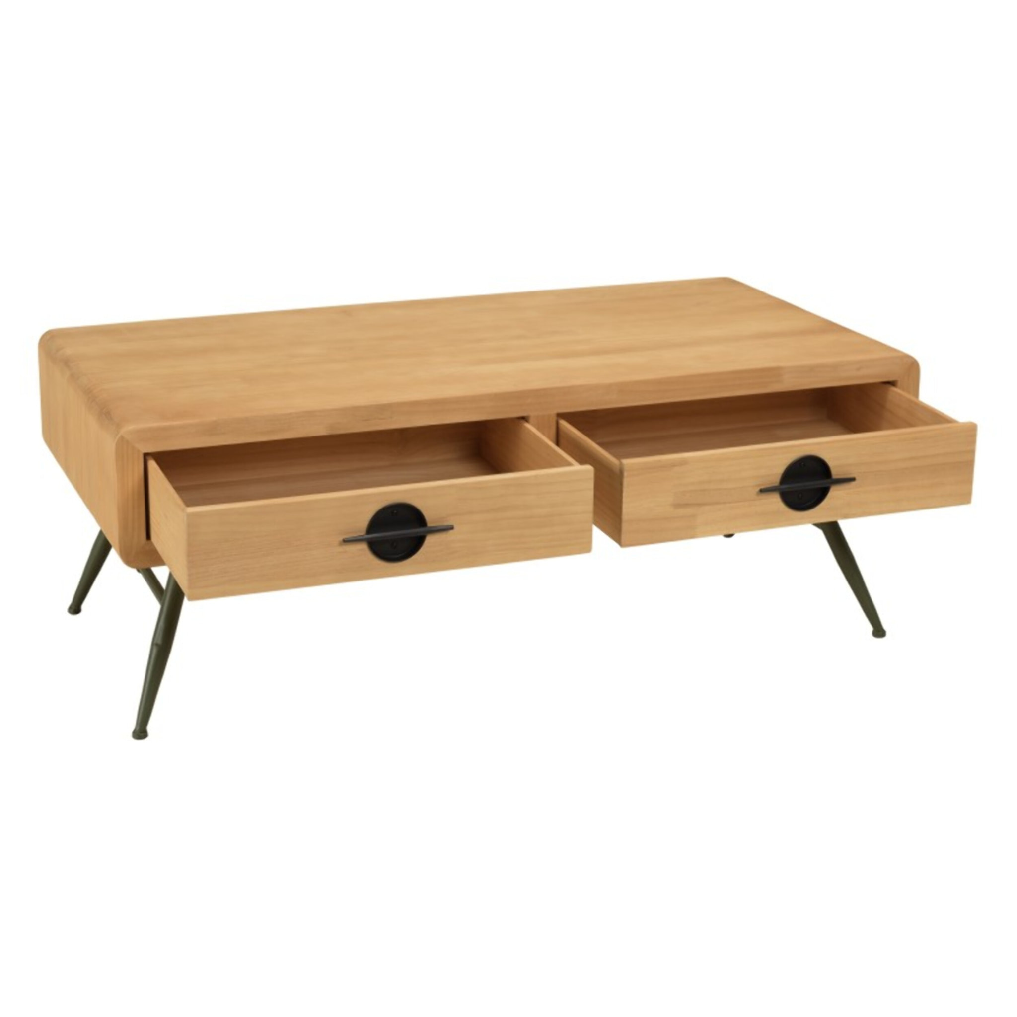 HELENA - Table basse 2 tiroirs pin couleur naturelle pieds métal vert