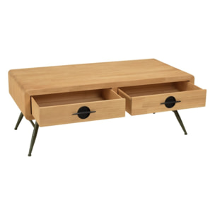 HELENA - Table basse 2 tiroirs pin couleur naturelle pieds métal vert