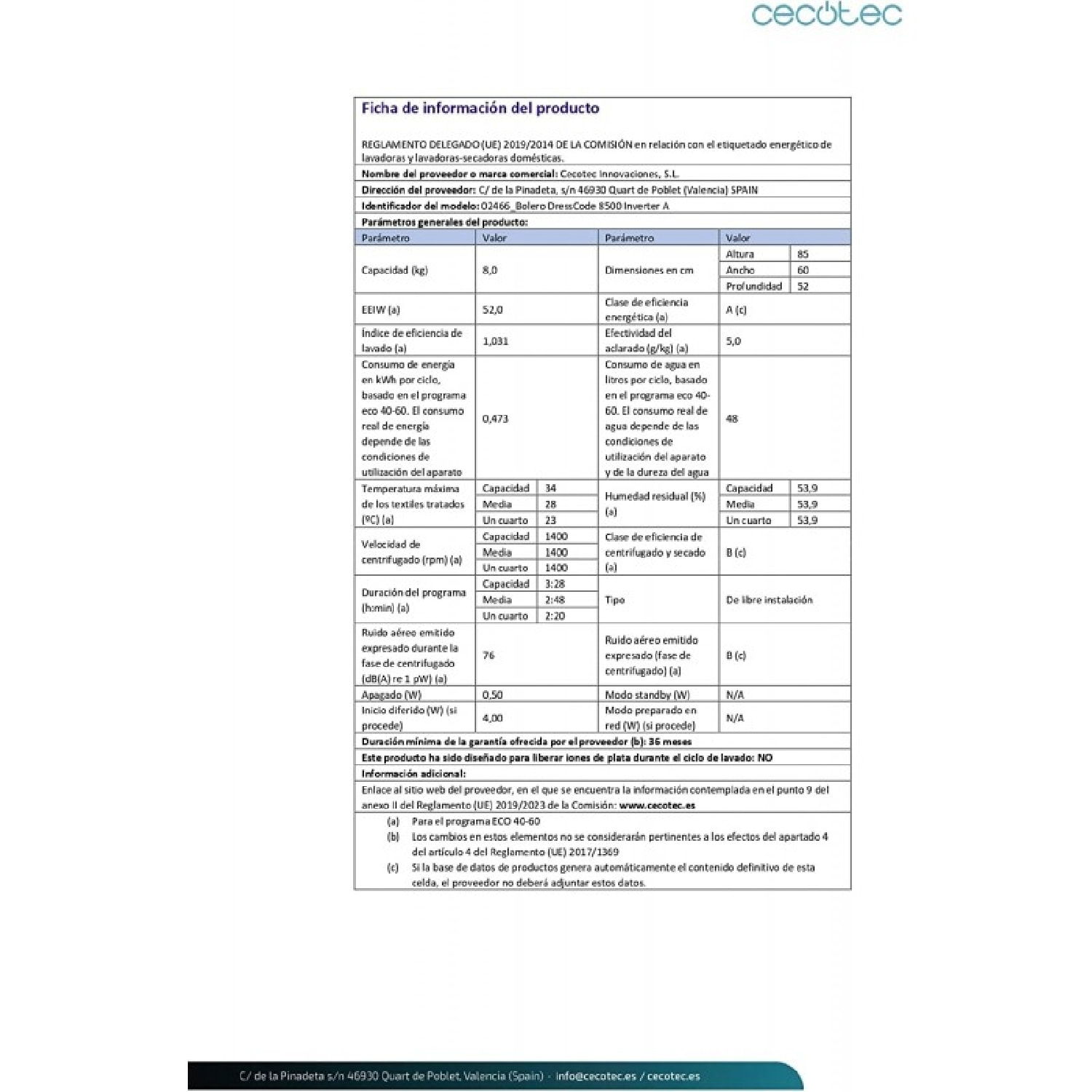 Cecotec Lavadora de carga frontal Lavadora Bolero DressCode 8500 Inverter A