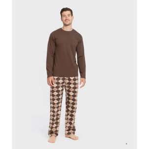 Pijama comprido em algodão para homem olmo castanho escuro mesclado