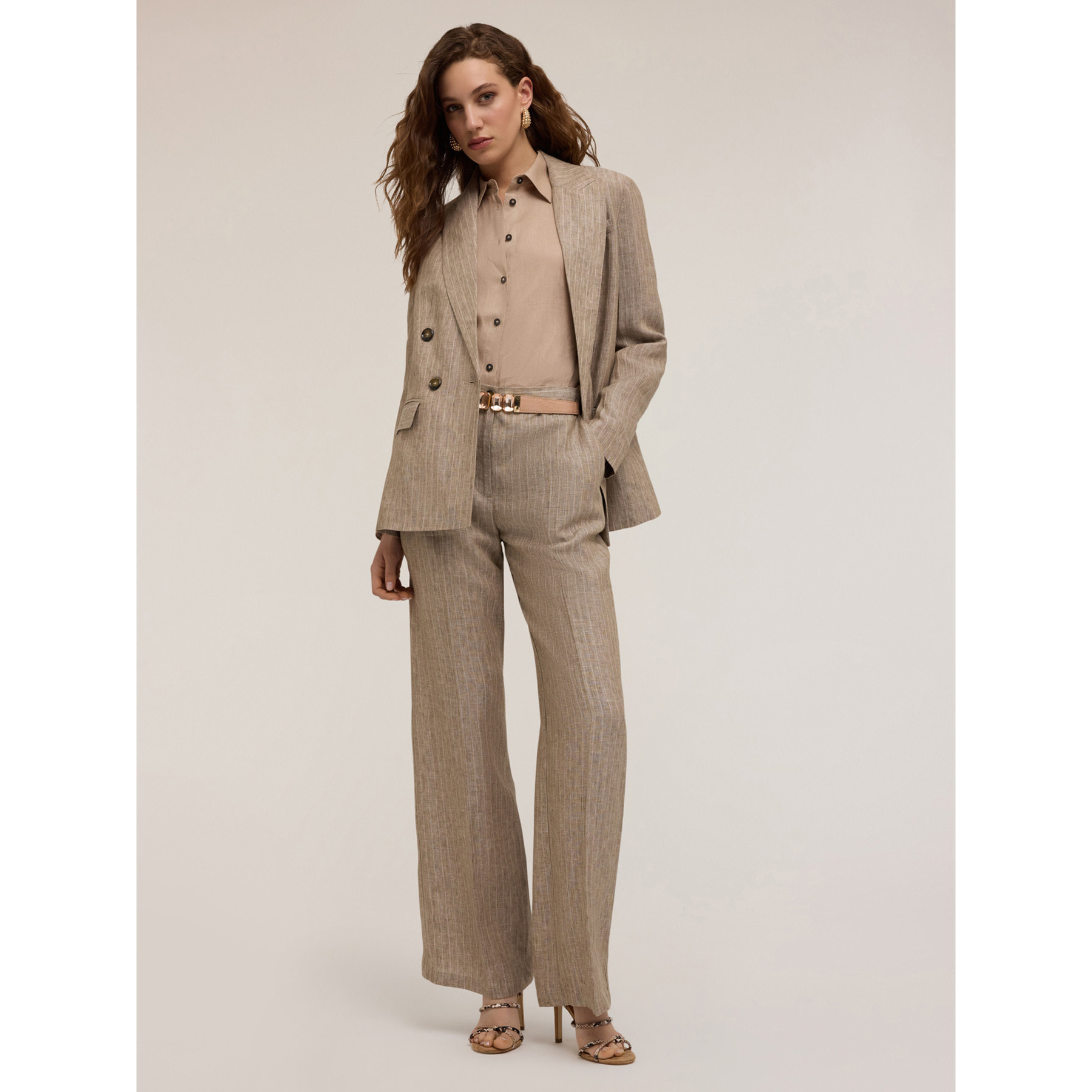 Motivi - Blazer cruzada de lino a rayas - Beige