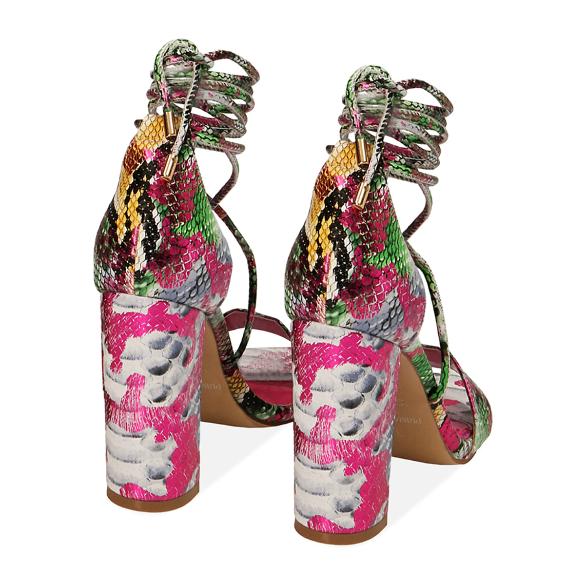 Sandalias con cordones fucsia estampado pitón, tacón 10,5 cm