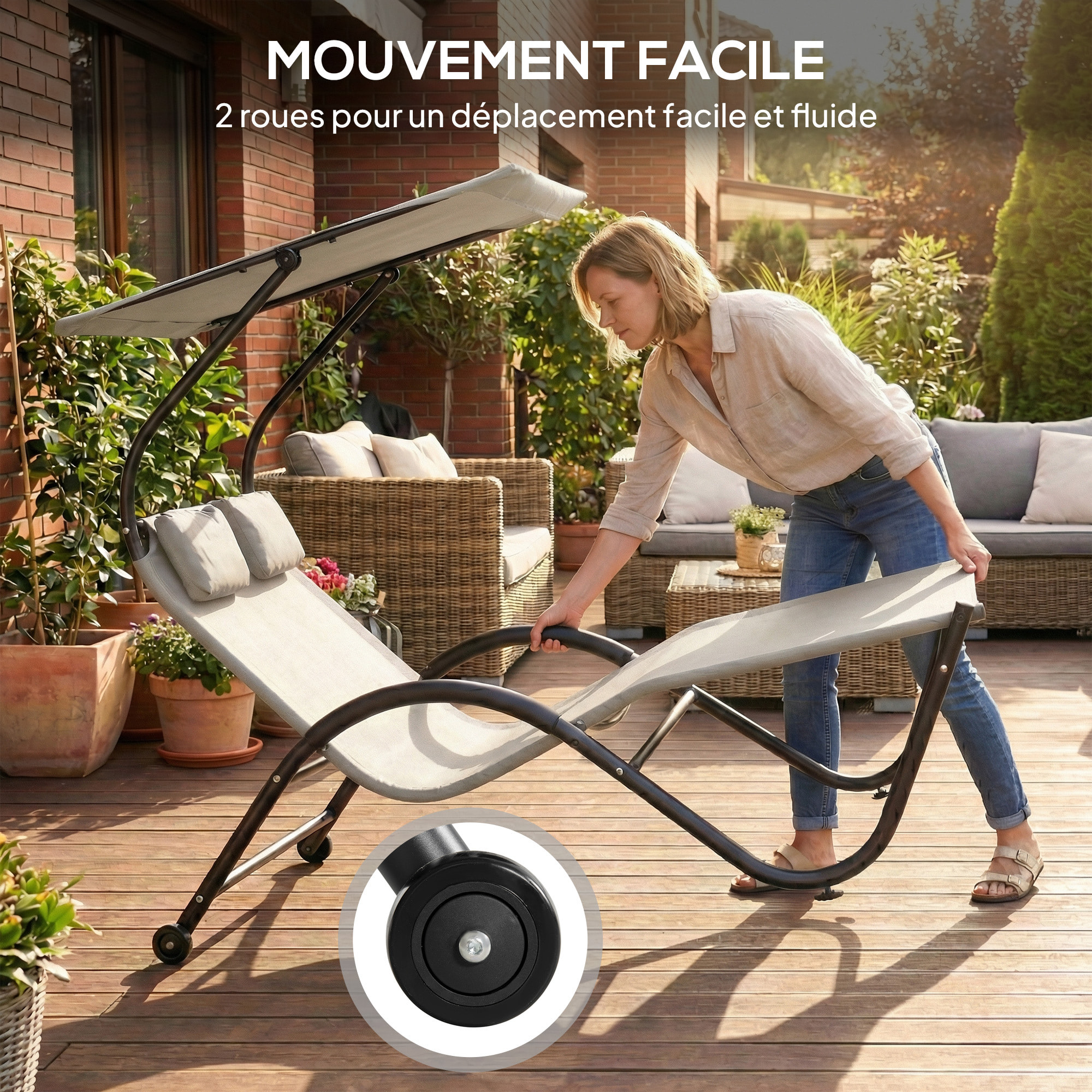 Bain de soleil 2 places lit de jardin design contemporain auvent réglable roulettes tétières acier époxy polyester grège