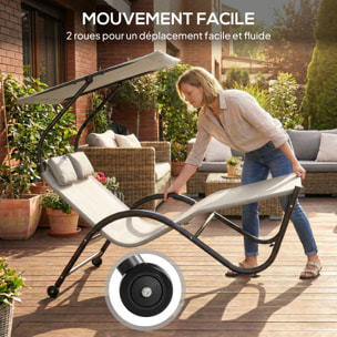 Bain de soleil 2 places lit de jardin design contemporain auvent réglable roulettes tétières acier époxy polyester grège