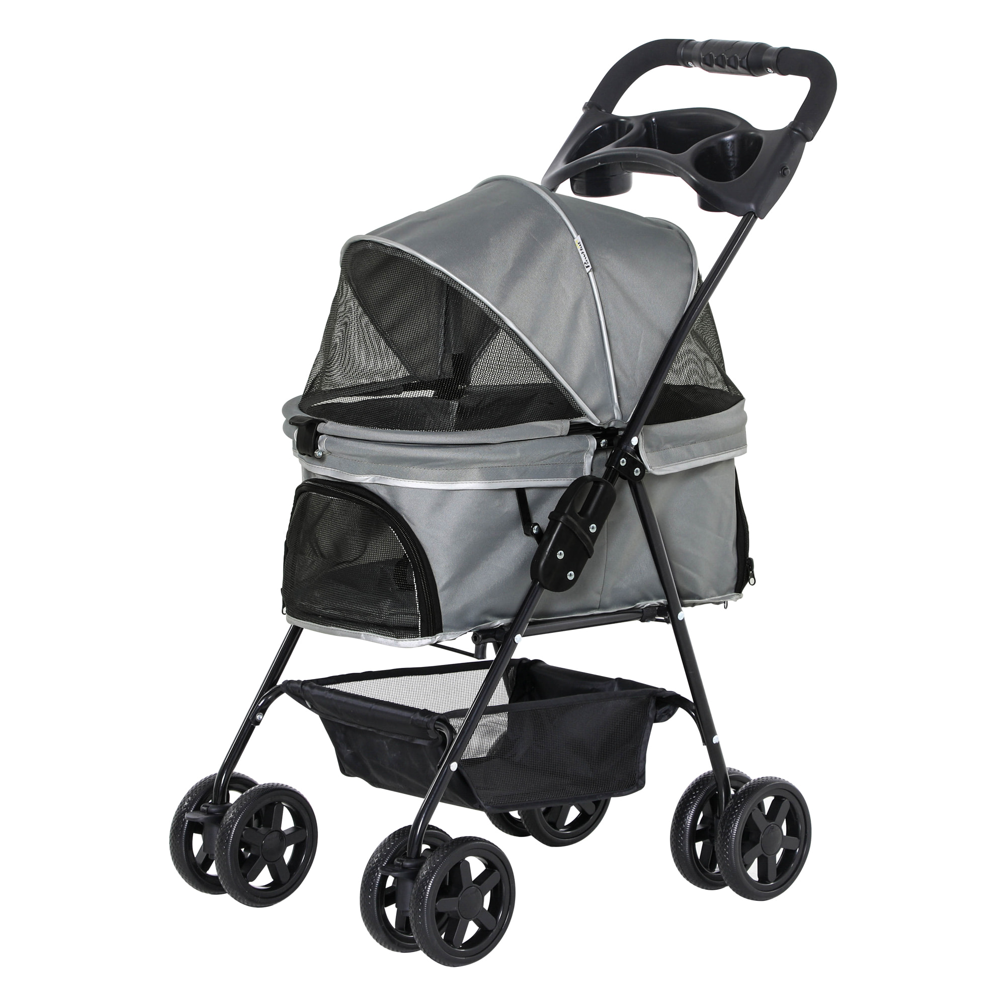 Poussette buggy pliable chien chat panier rangement porte-gobelets tissu 300D Oxford imperméable 4 roues gris