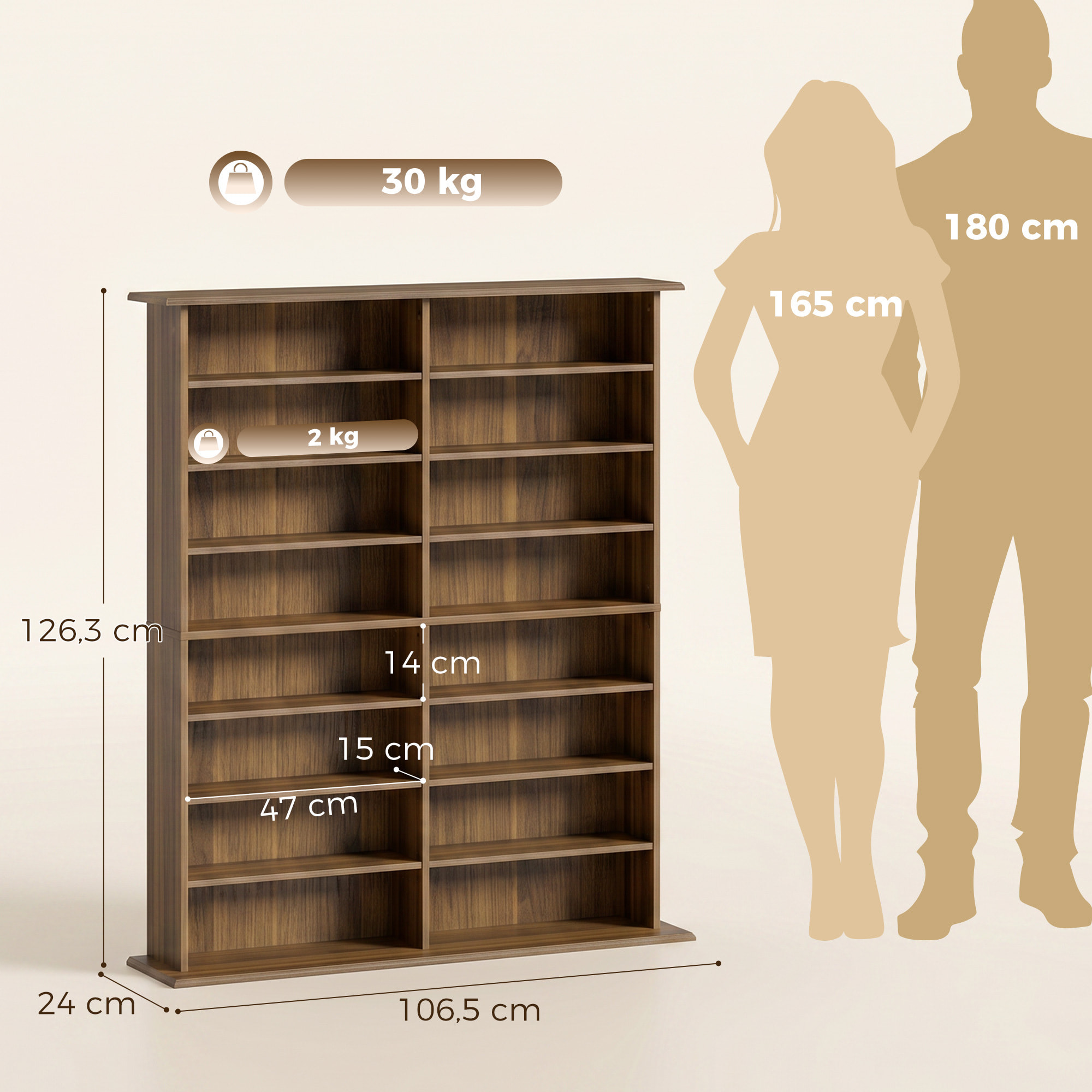 Étagère range CD - meuble rangement CD DVD - 16 compartiments, 12 étagères réglables - max 720 CD/396 DVD - noyer
