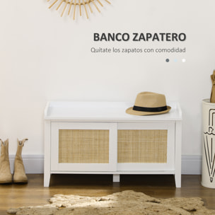 Banco Zapatero con Asiento Mueble Zapatero con Banco 2 Puertas de Ratán Estilo Bohemio Carga 130 kg para Pasillo Entrada 80x35x45 cm Blanco y Natural